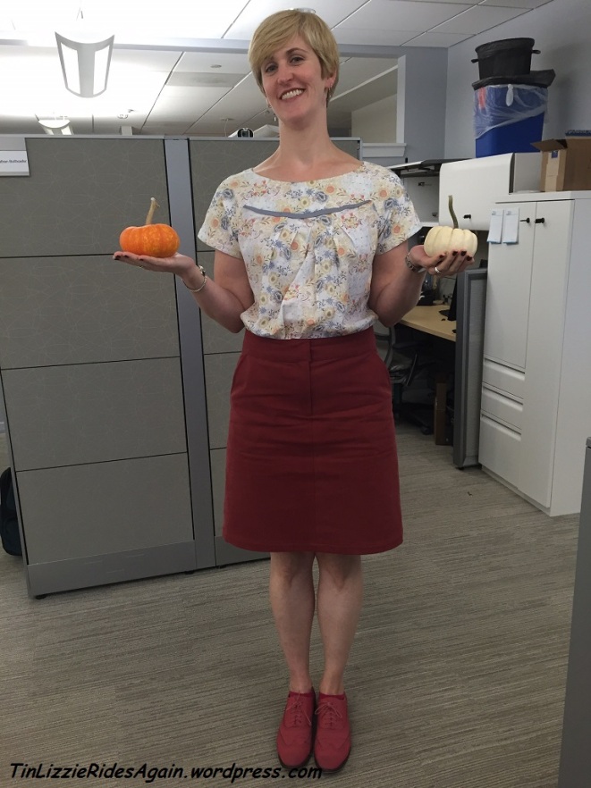 Fall outfit in my office - the Antique Blouse (Butterick 5610) and the brick red corduroy skirt (McCalls 6361)